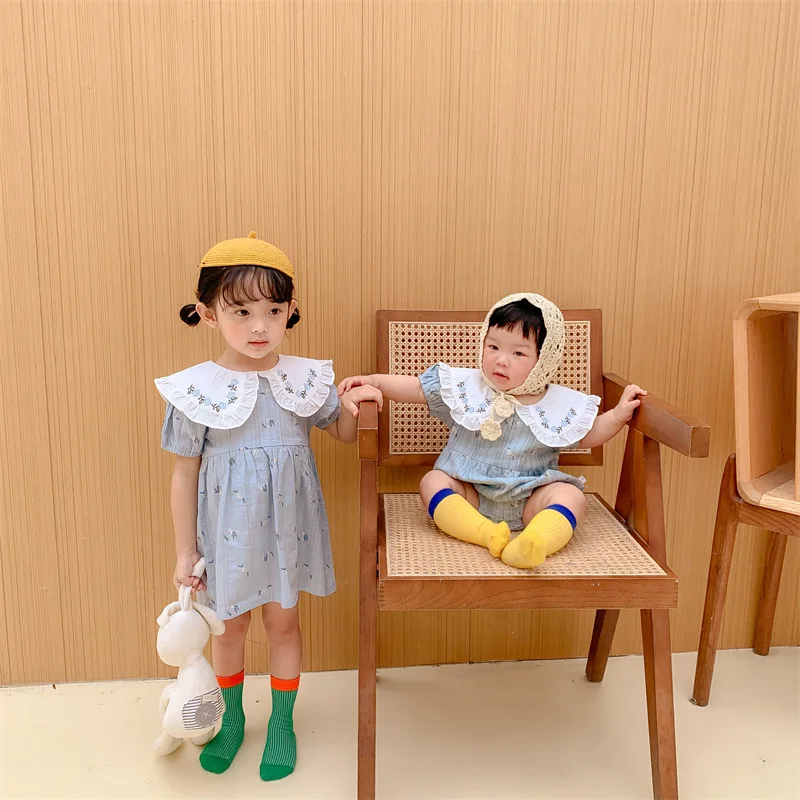 

2021 Summer Baby Sister Matching Outfits Spanish Children Girl Blue Dress with Collar Newborn Baby Cotton Floral Romper Jumpsuit