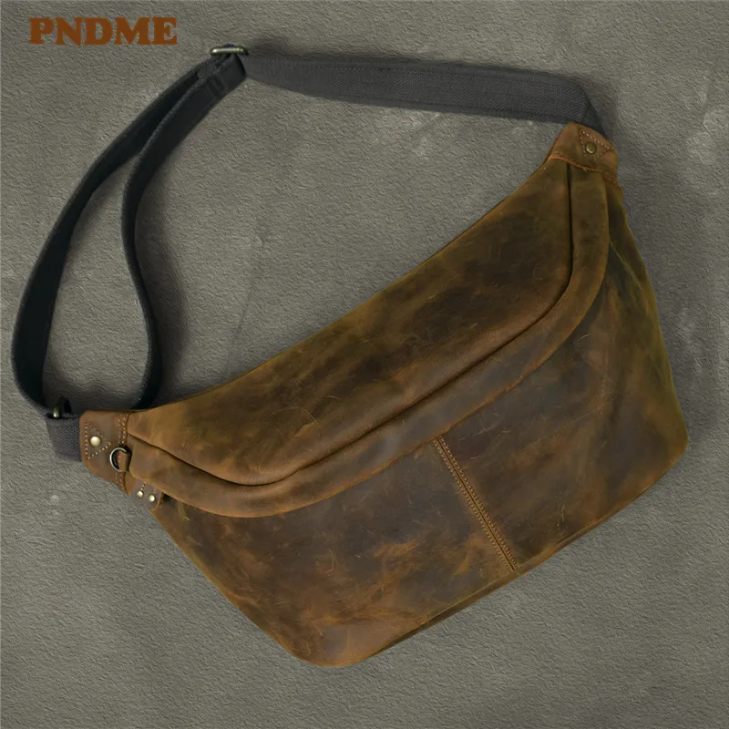 Natural crazy horse cowhide large capacity men's chest bag retro simple high-quality genuine leather sports large diagonal bag