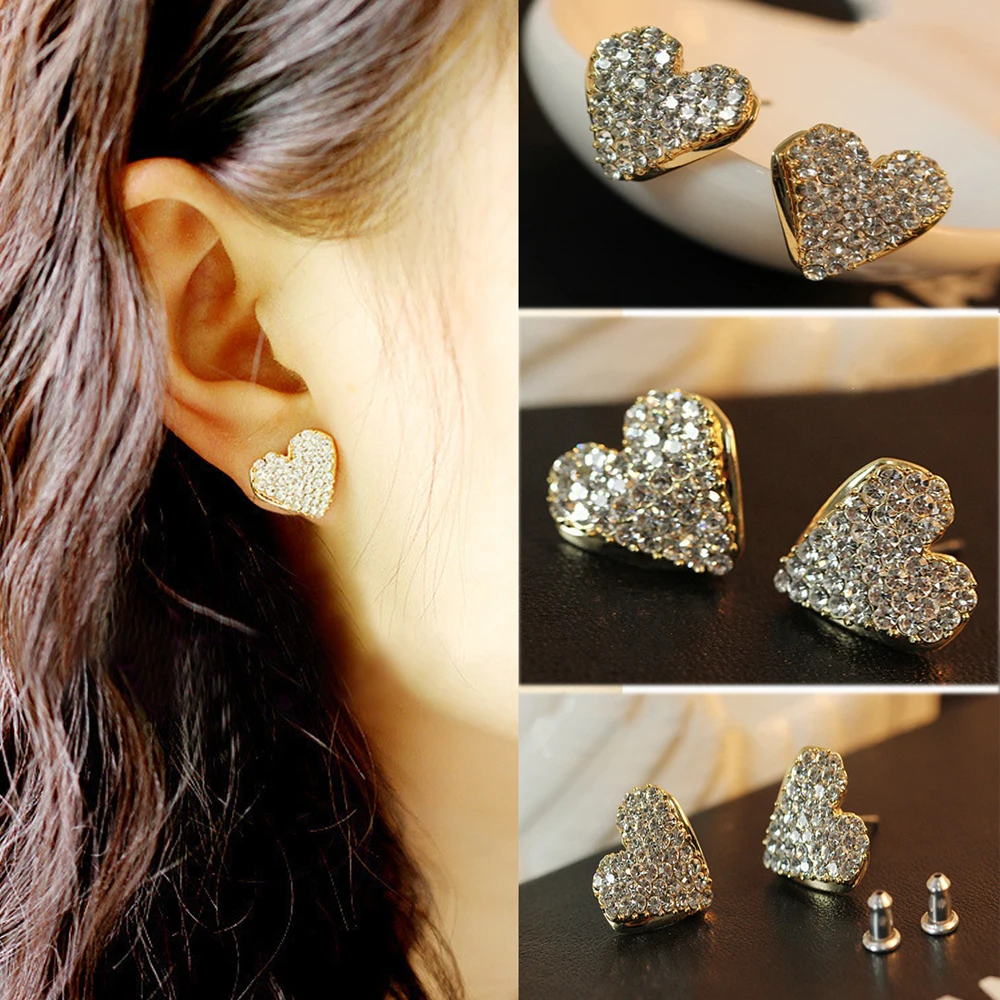 

Korean Luxury Rhinestone Earrings Women Girl Big Heart Crystal Simple Fashion Statement Earrings Bride Wedding Party Jewelry