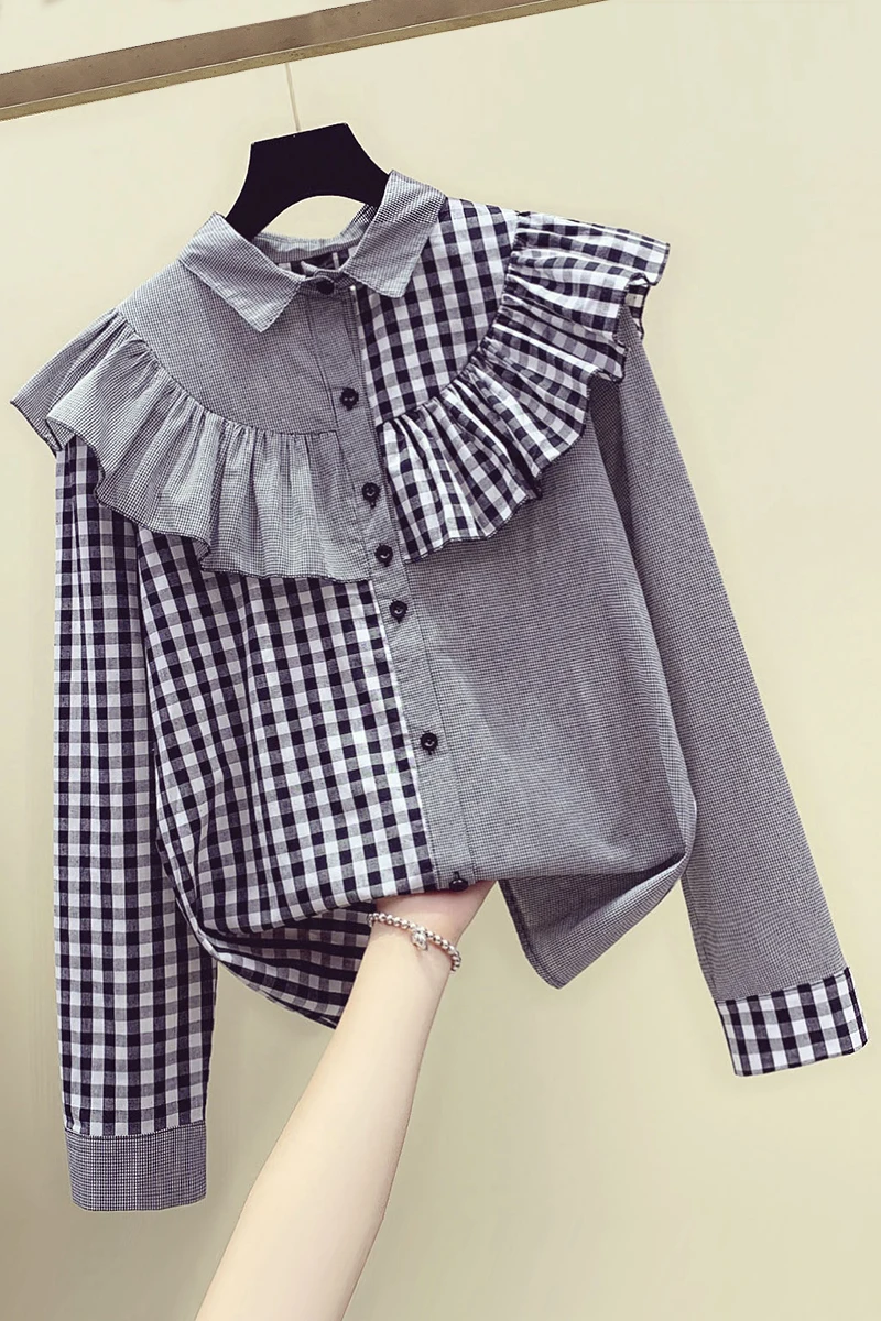 

SuperAen Ruffles Plaid Patchwork Turn Down Collar Shirt 2021 Spring Autumn Retro Loose Full