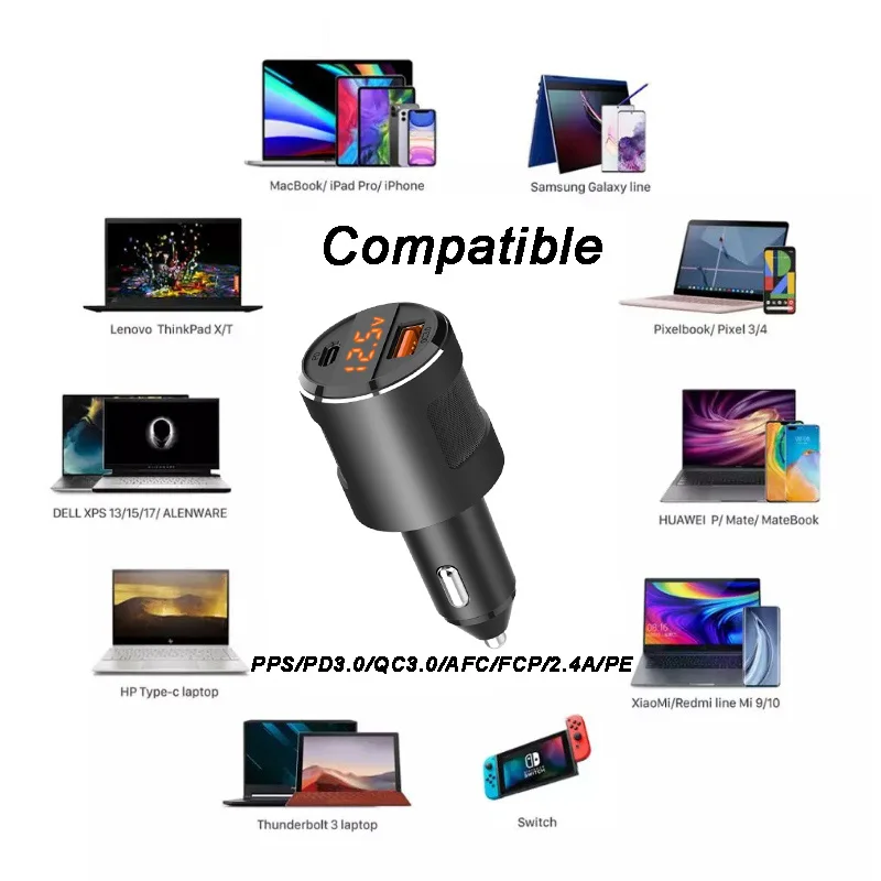 

65W USB-C Voltage Display Car Fast Charger for Macbook Air iPhone 12 Pro Max SAMSUNG S21 S20 XIAOMI PPS QC3.0 100W Type-C Cable