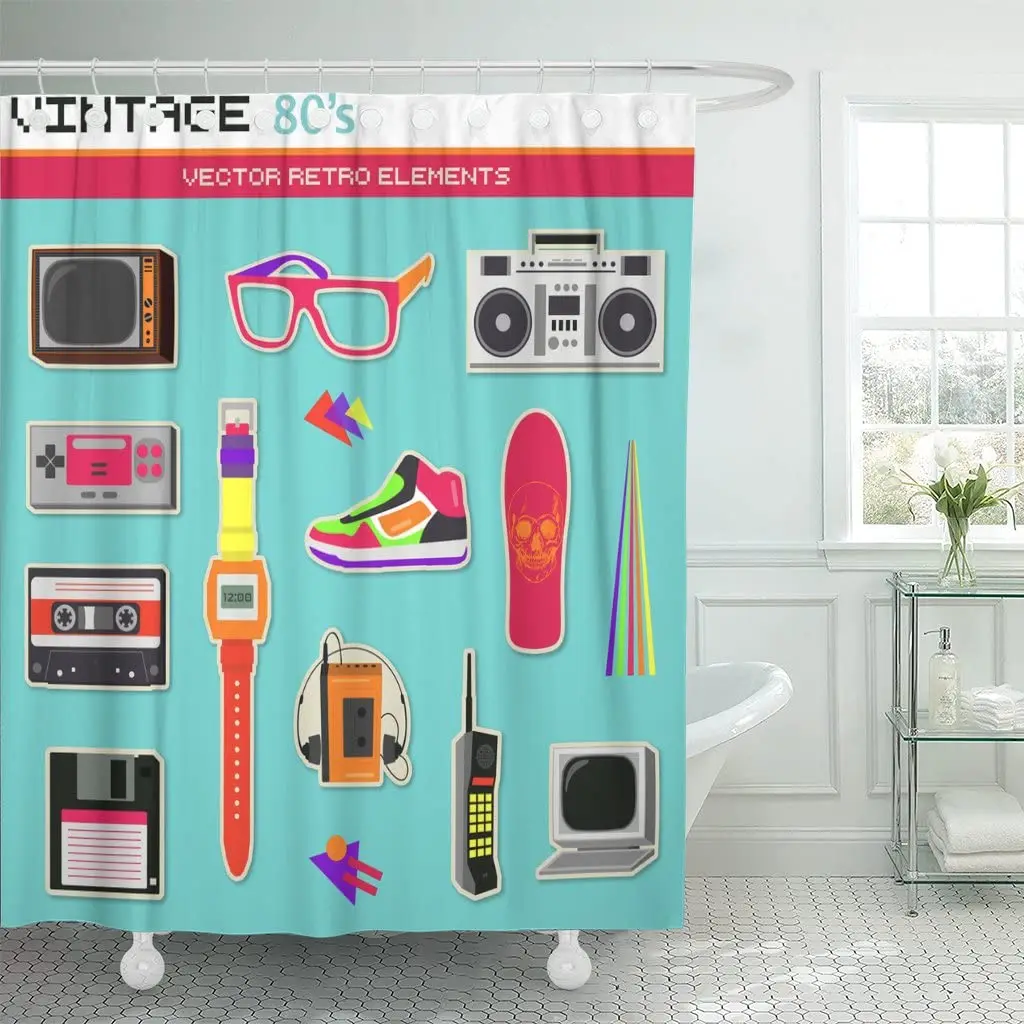 

Colorful 1980 Vintage Retro 80'S Collection Pink Phone Cassette Shower Curtain Waterproof 72 x 78 inches Set with Hooks