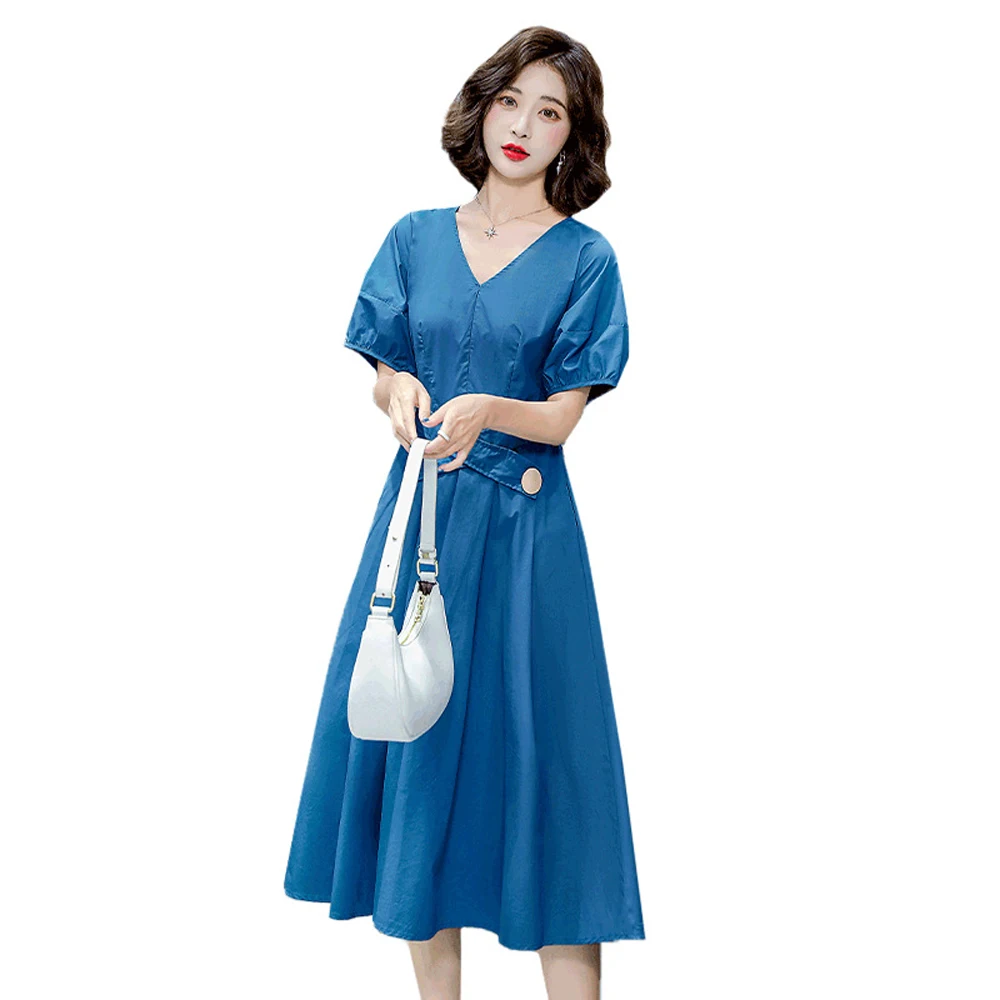 

Summer Elegant Midi Dresses Women Princess Sleeve A-line Simple Solid Color Casual Dress Sexy V-neck Evening Pary Dress Vestidos