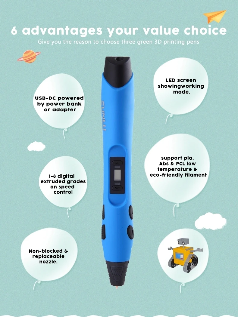 SUNLU SL-300A 3D Printing Pen PLA/ABS/PCL Filament Accessible Ultra-low Temperature Tip No Plugging Educational GiftS | Компьютеры и