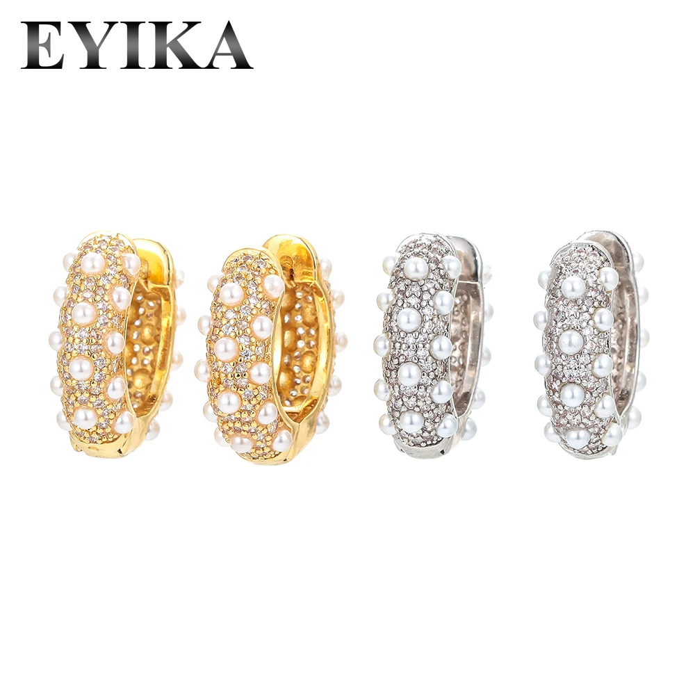 

EYIKA Luxury Small Simulated Pearl Zircon Hoop Earrings for Women Gold Silver Color Wide Huggie Earring Fashion CZ Jewelry Gift
