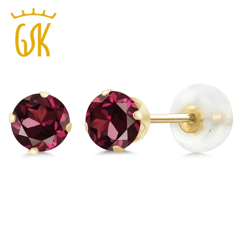 GemStoneKing 1,28 Ct 5 мм круглый красный натуральный гранатовый родолит 4-зубчатые серьги-гвоздики 10K желтого золота изысканные ювелирные изделия для Для женщин