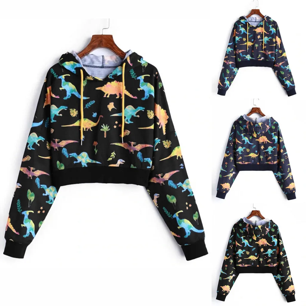 Женская толстовка с длинным рукавом короткий пуловер капюшоном и принтом