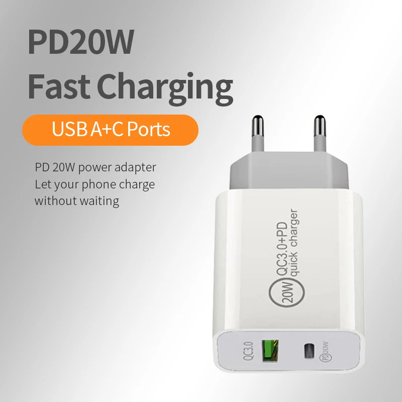 

PD20W Quick Charge 3.0 USB Charger Universal Fast Charger Wall Mobile Phone Type-C USB Dual Ports Chargers for Iphone 12 Samsung