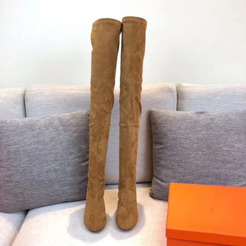 Goedkoop Met Logo Herfst En Winter Vrouwen Schoenen Effen Kleur Hoge Hakken Dikke Hak Ronde Neus Elasticiteit Lange Laarzen Over De Knie Laarzen