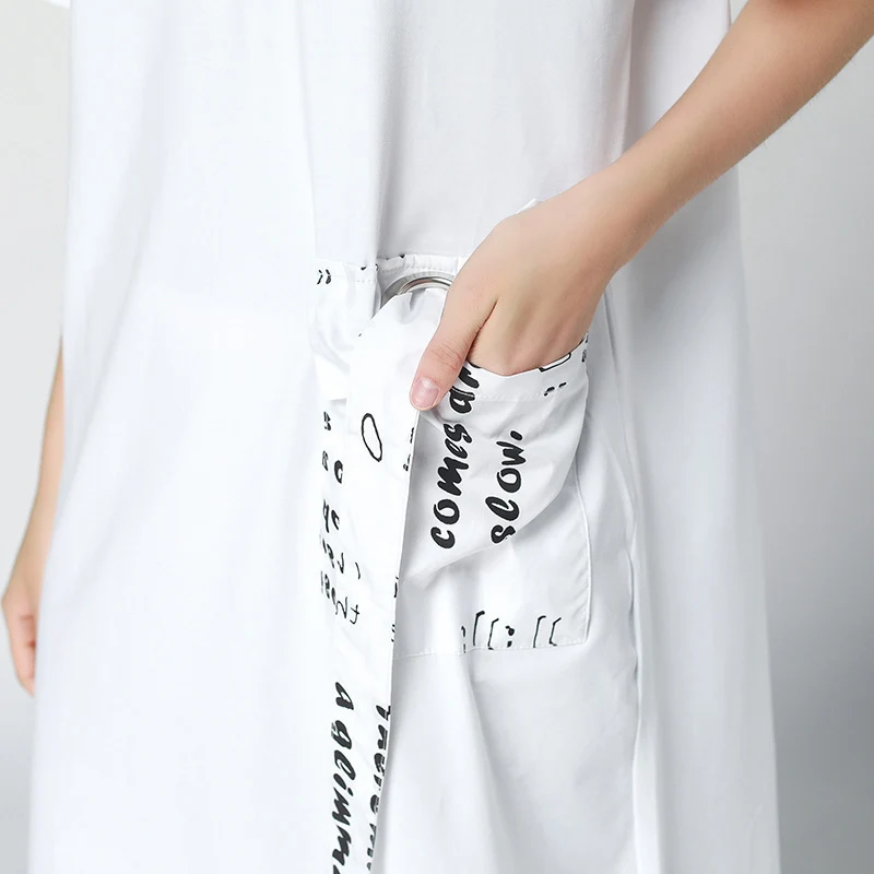 

CHICEVER 2020 Summer Dresses For Women O Neck Short Sleeve Letter Pockets Casual Dress Women Ribbon Top Casual Clothes Fashion