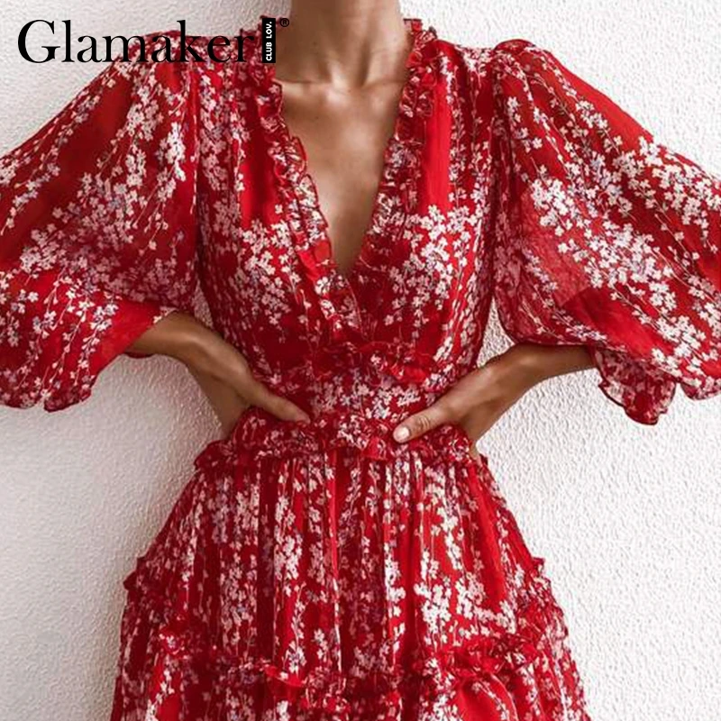 Красный Glamaker, сексуальное платье с принтом, с рюшами, для женщин, Осенние, вечерние, короткое, элегантное платье, зима, фонарь, рукав, v-образный вырез, бодикон, платье с цветочным рисунком - Цвет: Красный
