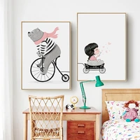 cartoon bear and girl bike canvas painting pictures on the wall poster wall pictures for kids room home decor