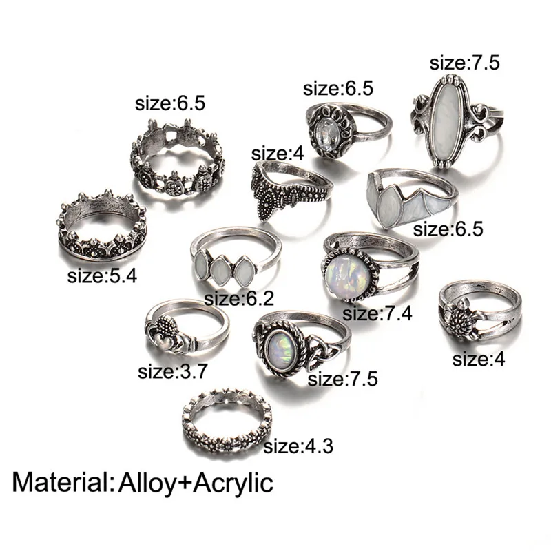 12 шт./компл. кольцо с белым огненным опалом Винтажное на костяшки рук набор колец