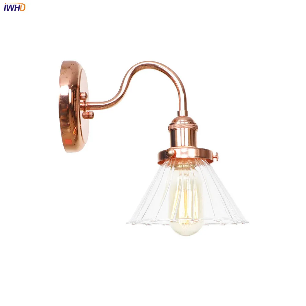 

IWHD Modern Nordic LED Wall Lamp With Switch Creative Rose Golden Wall Light Glass Lampshade Mirror Light Vintage Bathroom Light