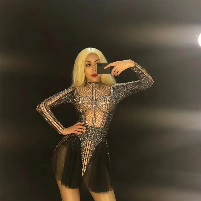 

X24 Bar perform wears black rhinestones dress women stretched printed bodysuit long sleeve drilling outfit mesh club costumes dj