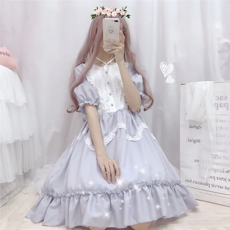 

Spring Japanese Lolita Long Sleeve Sweet Dress Female Soft Girl Wind Cute Lace Kawaii Dress Vintage Short Sleeve Summer Dresses