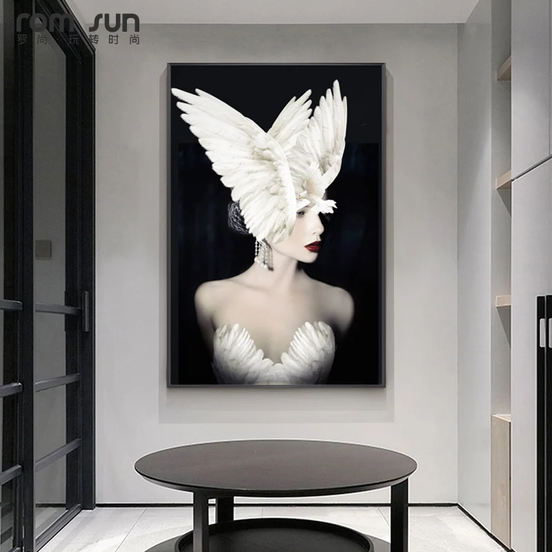 

Nordic Modern Style Sexy Topless Woman White Feathers Canvas Painting Posters And Prints Wall Pictures For Living Room Decor