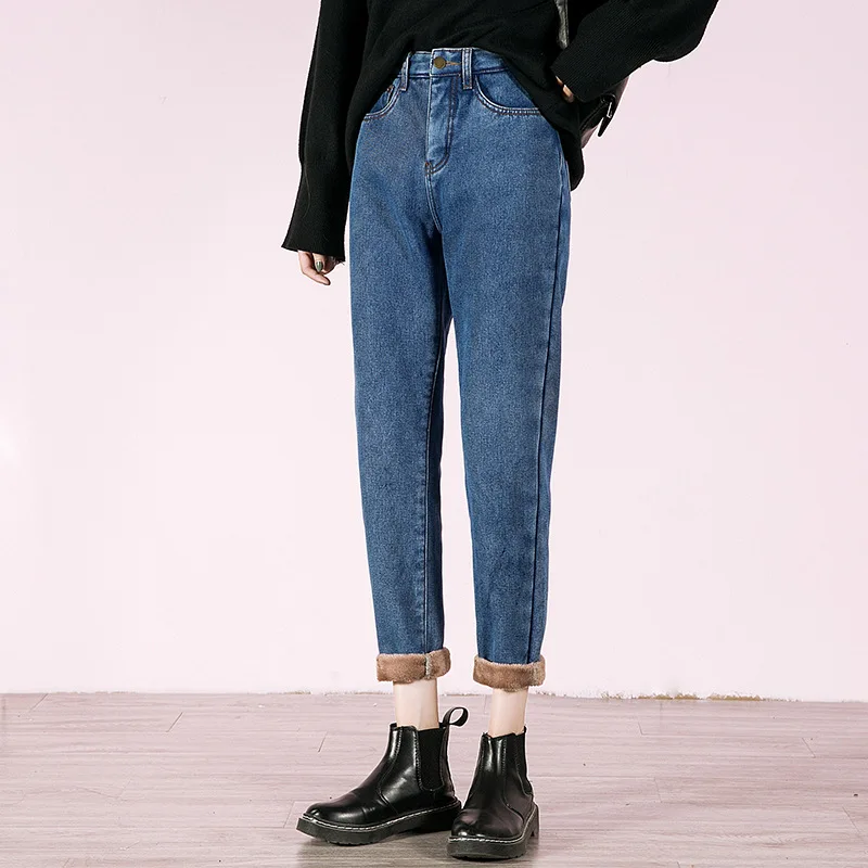 

Fleece woman plus size high waist mom boyfriend jeans for women velvet Harem Pants winter clothing gray blue denim