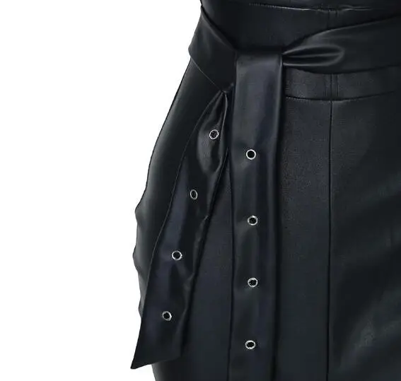 

Backless pu leather dress Women high split black tight party dress Sexy night club wear low cut bodycon dresses belted vestidos