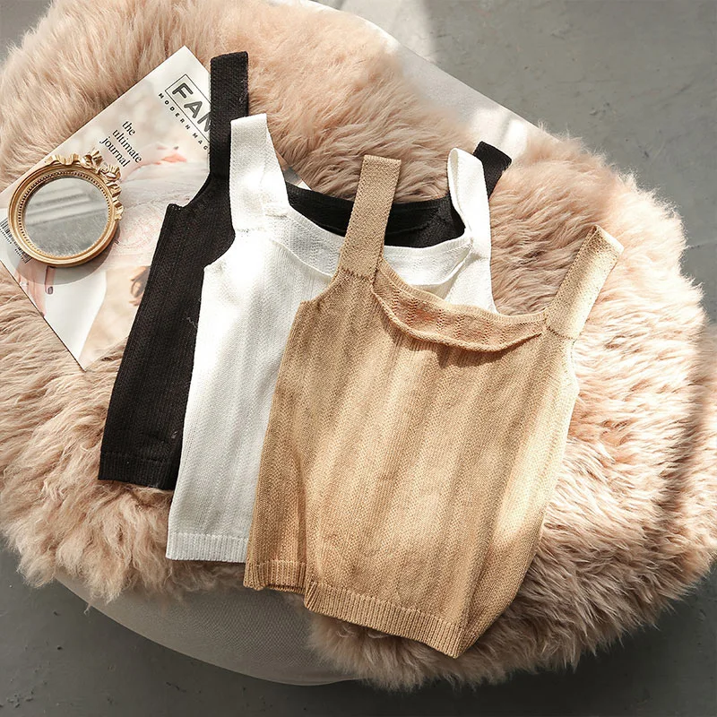 

Harajuku Basic Tanks Tops Women's Round Neck Slim Cropped Female Knitted Pullovers Tops Casual Solid Vest Clothing Summer 2021