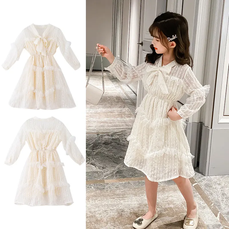 

Teenage Girls New Spring Autumn Princess Long Sleeve Bow with Ruffle Dresses Girls Sweet Clothes Casual Costume 6 8 10 12 14Year