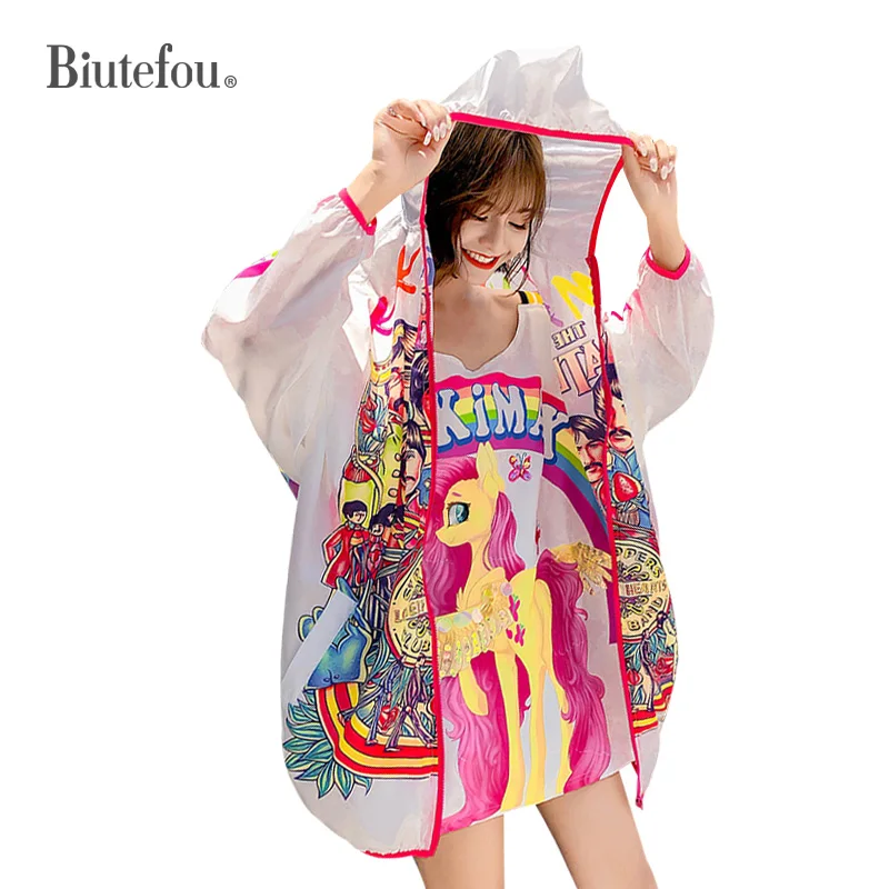 

2021 Summer Women Long Cartoon Print Chic Sunscreen Clothes Loose Hooded Coats