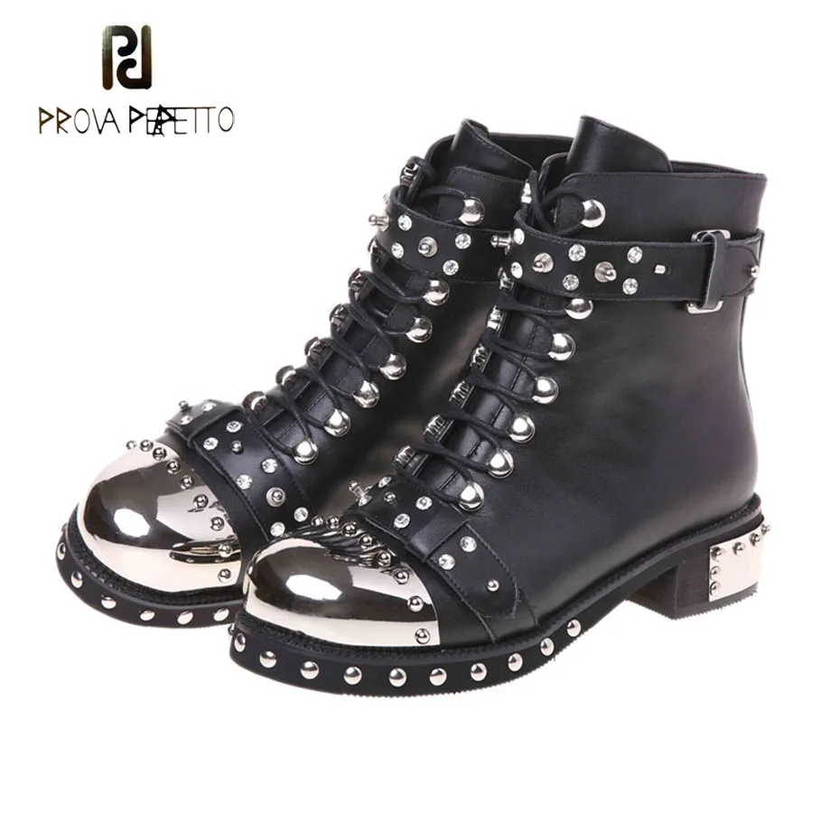 

Prova Perfetto Fashion Rivet Stud Metal Round Toe Punk Style Short Boots Females Lace Up Belt Buckle Motorcycle Boots Women