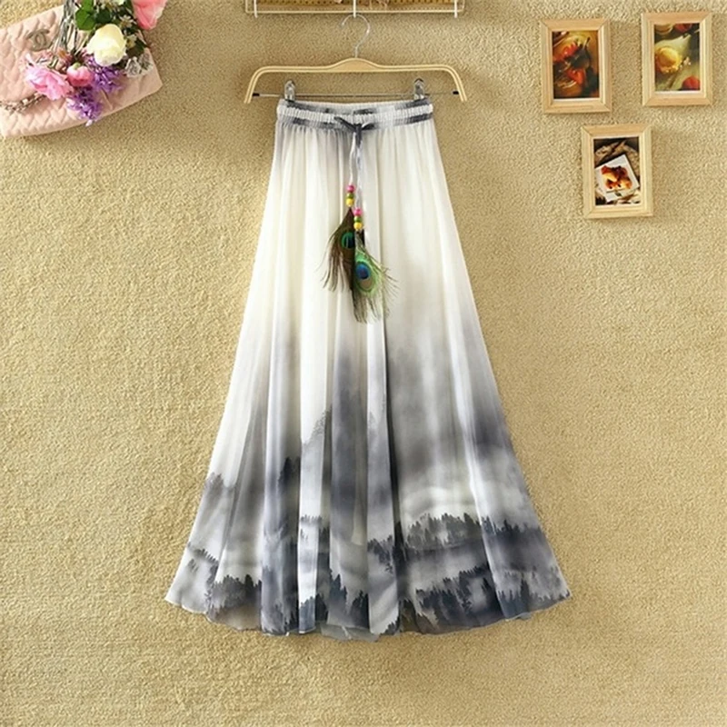 

Pleated Skirts Women Fashion Floral Print Long Female Boho Style Elastic High Waist Chiffon Casual Beach Skirts Saias