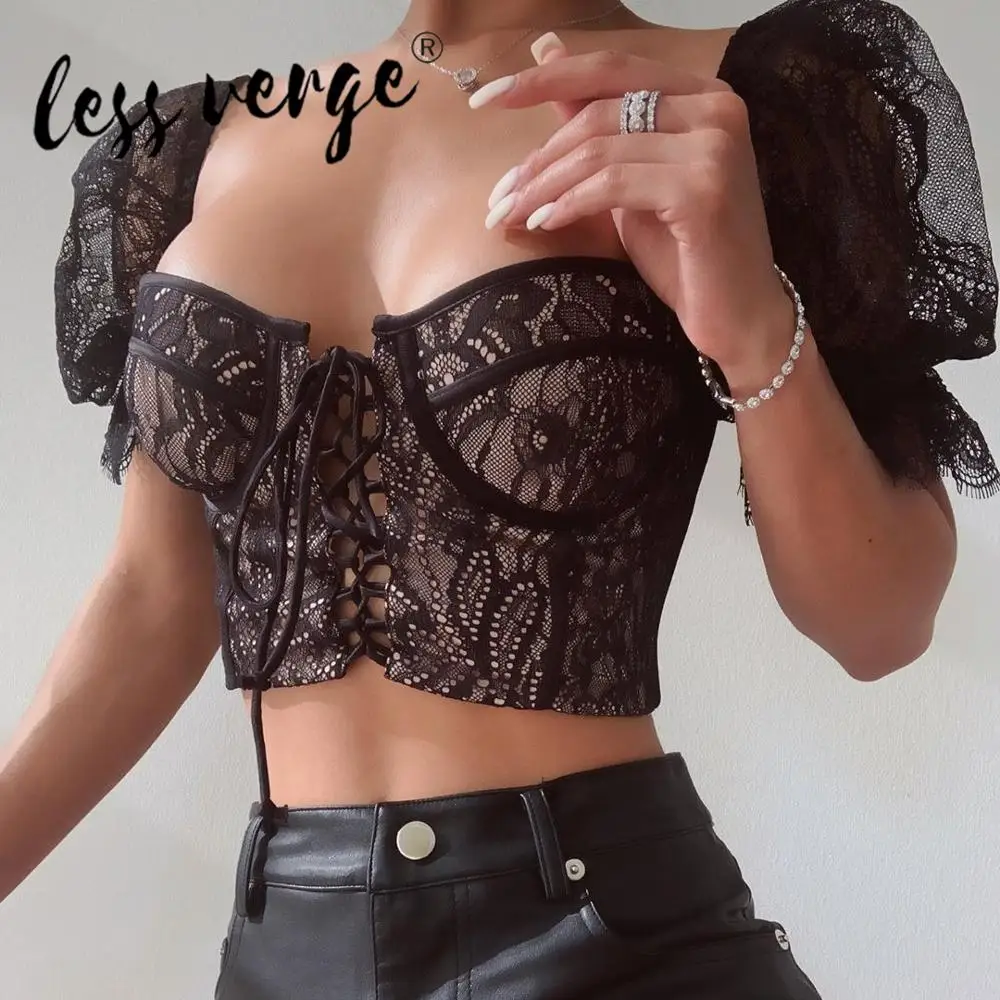 Новая модная женская Кружевная футболка Lessverge сексуальный укороченный топ