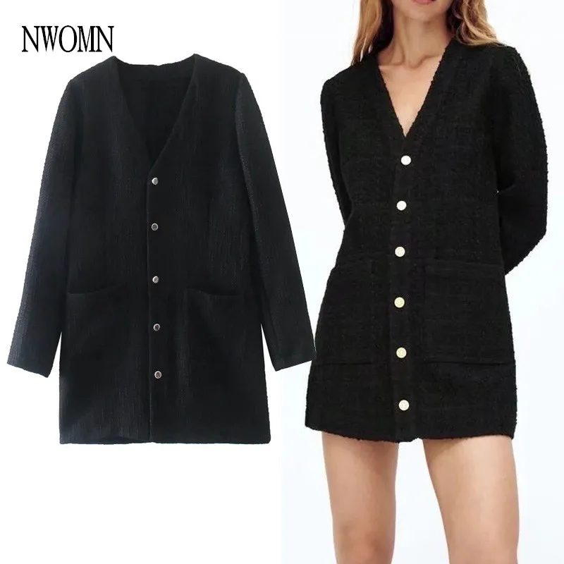 

NWOMN Za 2021 модное текстурное Черное женское осеннее офисное мини-платье для женщин женские винтажные Короткие повседневные платья с пуговица...