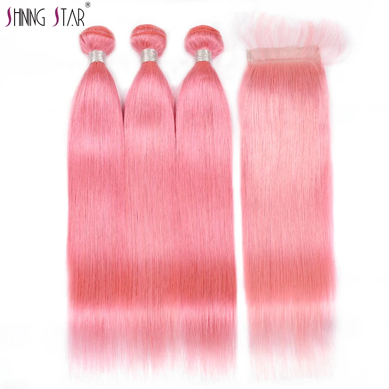 Предварительно окрашенные розовые прямые волосы пряди с закрытием бразильские