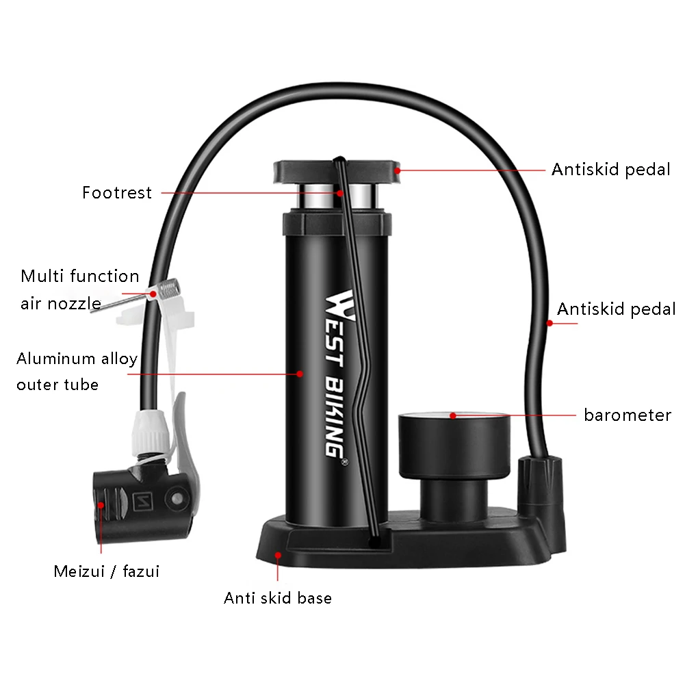 Портативный велосипедный мини насос Balight ножной с манометром подходит для