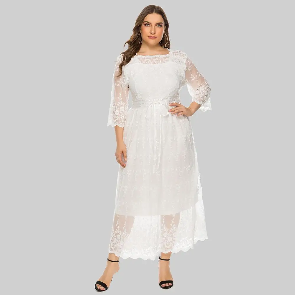 S 4XL Большие размеры женские длинное кружевное платье для девочек Сезон осень