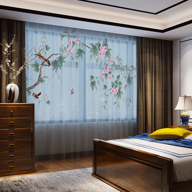 

Elegant Floral Birds 3D Curtains Natural Drape Panel Sheer Tulle Flower Curtains for Girls Living Room Door Kitchen Bedroom