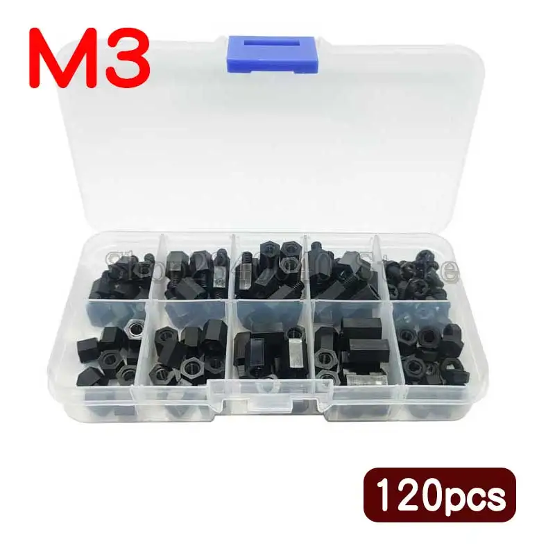 

120 шт. M3 * 6/8/10/12 мм шестигранный нейлон стоек нейлоновая прокладка Шестигранная стойка черный/белый шурупы гайки набор комплект Пластик инте...
