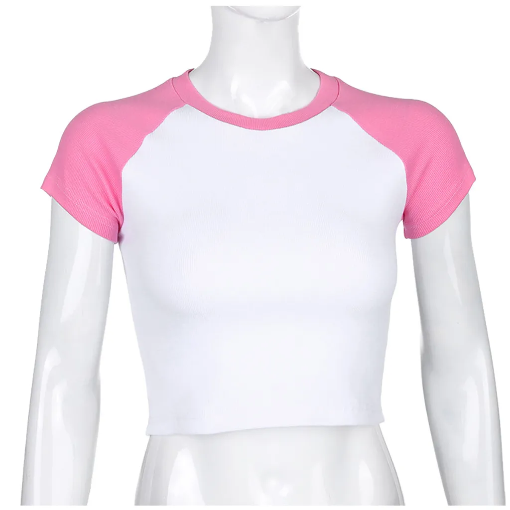 Sexy T Shirt Women Casual O-Neck Short Sleeve Slim Patchwork Basic T-shirt Ladies Streetwear Top Tees Tshirt Harajuku #71 | Женская