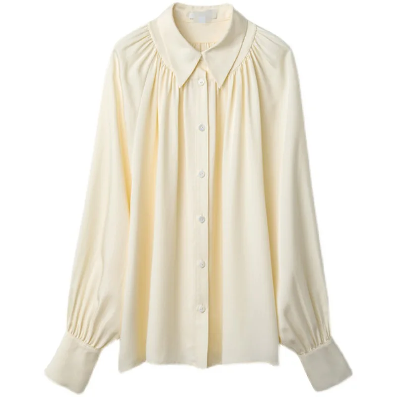 

New Shirt Women's Long Sleeve Loose Fashion Ruched Blouse French Retro Lapel Button Up Top 2021 Spring Summer Casual Clothes