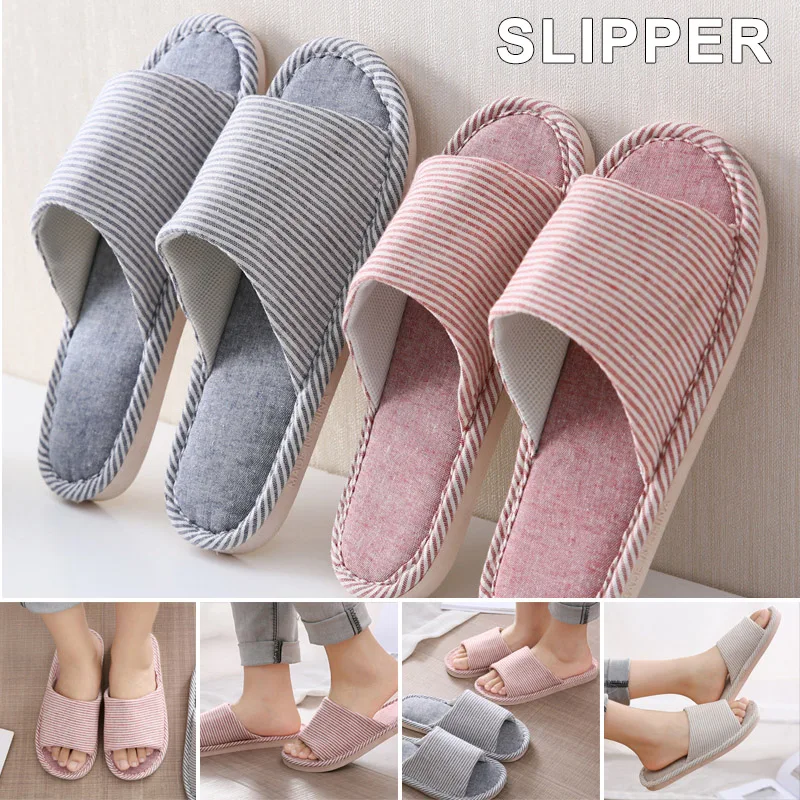 

2019 Новый Модные домашние тапочки Для мужчин Для женщин пара Повседневное полосатый льняные домашние тапочки; тапочки из материала анти-лыж...