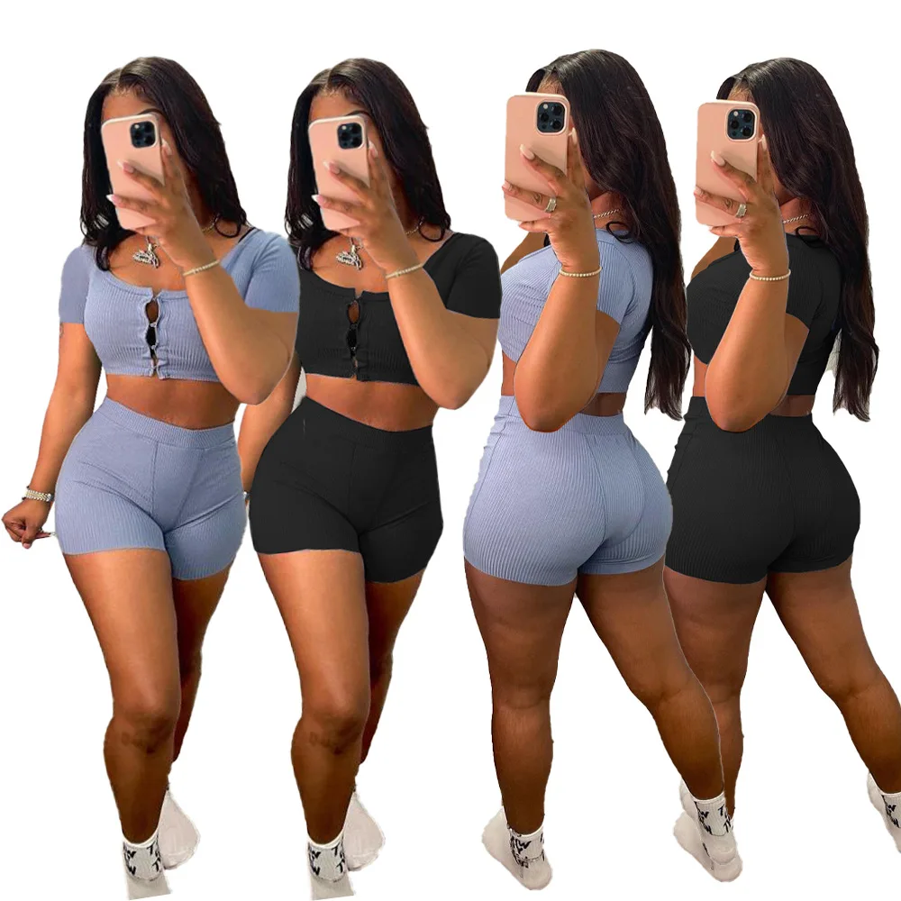 

Solid Casual Two Piece Sporty Suit Women Classic Streetwear Buttons Up Short Sleeve Crop Top and Workout Short Female Clothes