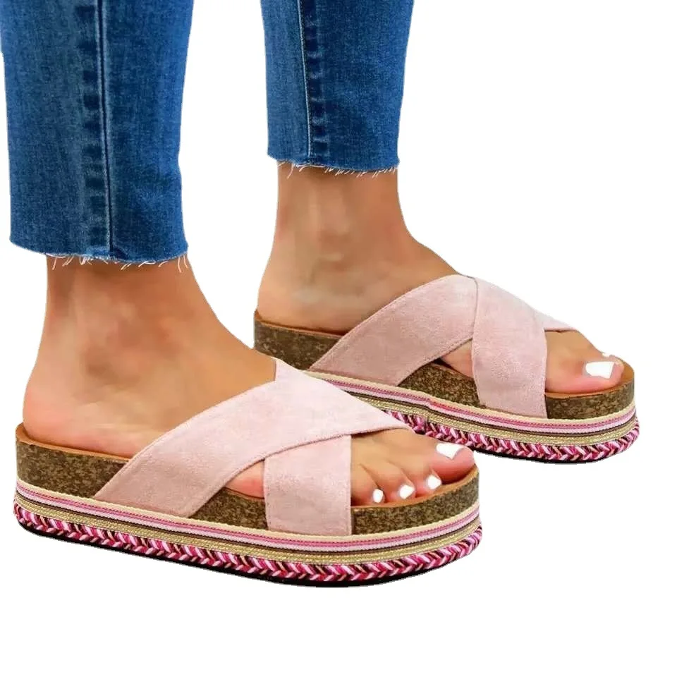 

Summer Women Slippers Ethnic Wind Cross Strap Slides Women Shoes Thick Bottom Seaside Beach Outdoor Plus Size 43 Slippers Ladies