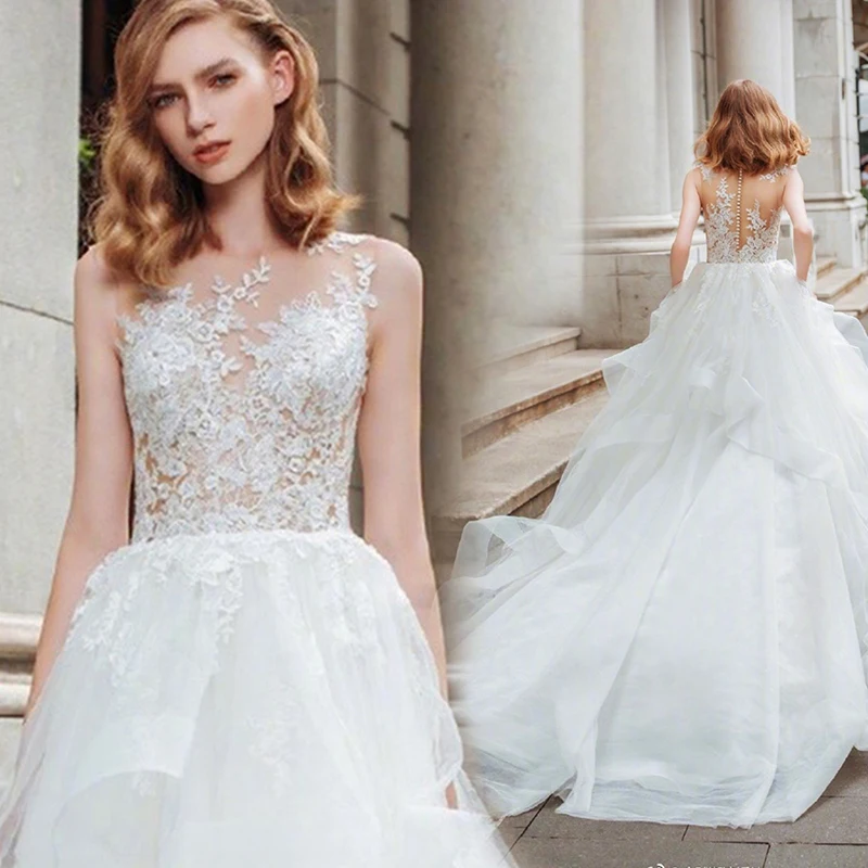 

Bespoke Occasion Dress Illusion O-Neck Sleeveless Embroidery Lace Tulle Floor-Length Luxury White Women Wedding Party Gown TS086