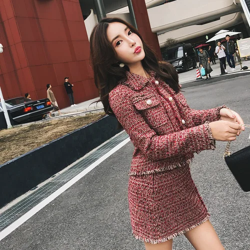 Women Skirt Sets Winter Europe Ladies Tassel Woolen Tweed Jacket+ Short Skirt Suits Elegant Two Piece Womens Clothing Sets