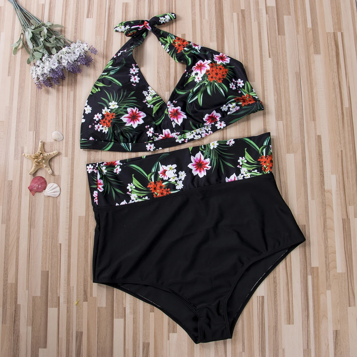 Женский купальник бикини большого размера микро с цветами черный высокой талией