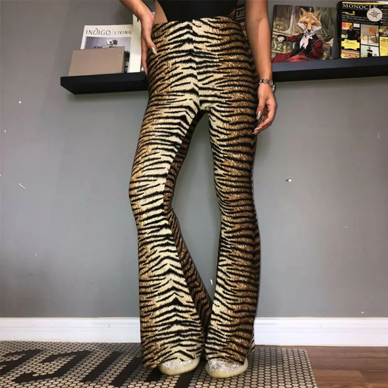 

Women Casual Bell Bottoms Leopard Print High Waist Flare Pants Fashion Long Trousers
