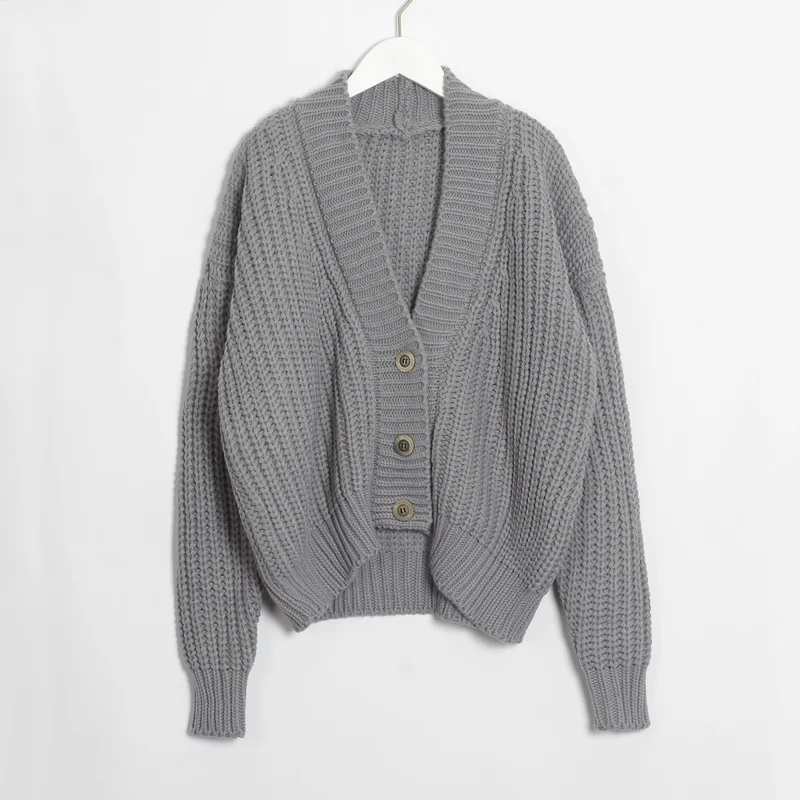 Gray Wixra Knitted Chunky Cardigan Sweater Women Simple Solid Thick Button Clothing Sweater Stylish Tops for Female Autumn Winter - Цвет: Gray