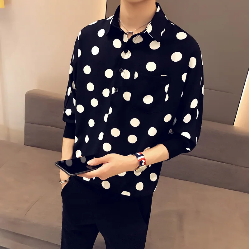 

2020 Summer Men's Point Printing Shirt Male Fashion Trend Short Sleeve Shirt Khaki/white/black Color Cotton Clothes Shirts M-2XL