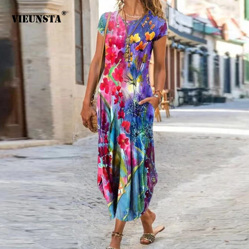 

Женское длинное платье с цветочным принтом, летнее Сексуальное Тонкое пляжное платье макси свободного кроя с круглым вырезом, вечерние