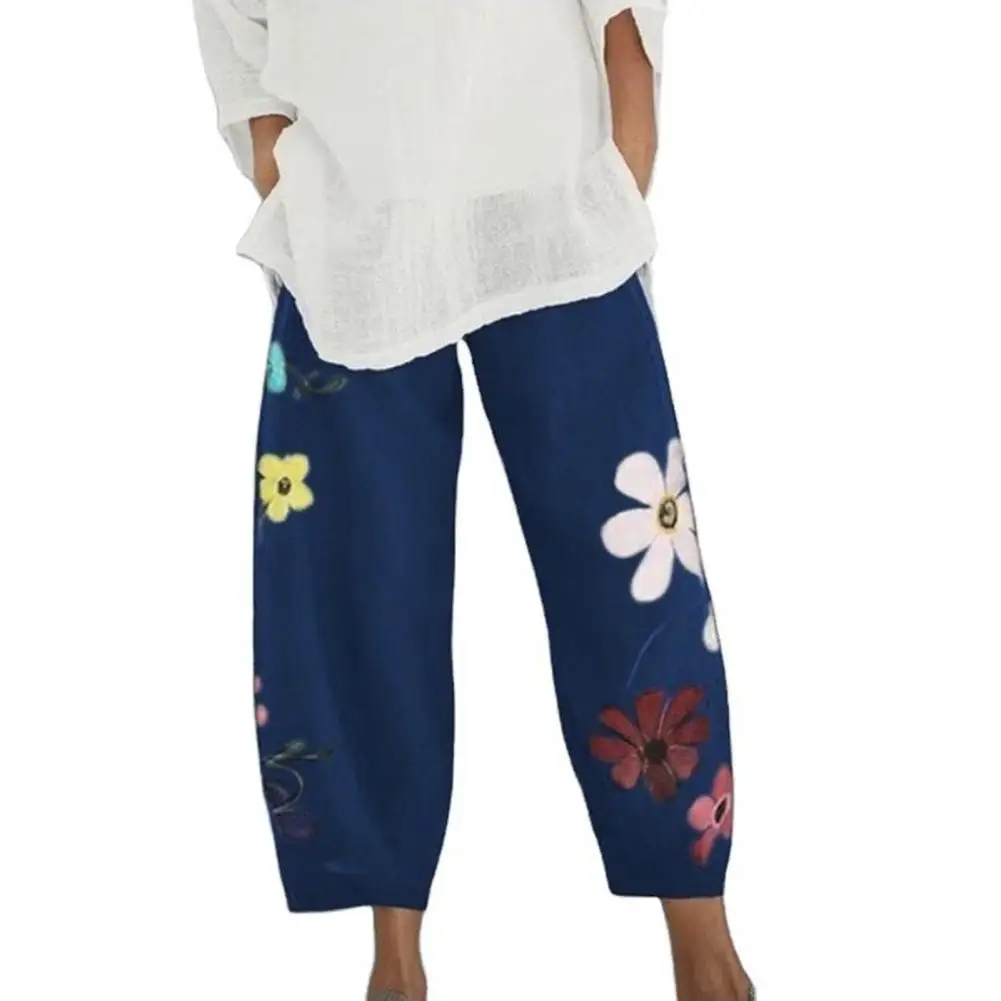 

Loose Flower Print Loose Wide Leg Pocket Ninth-Length Harem Pants Sweatpants Streetwear for Daily Life