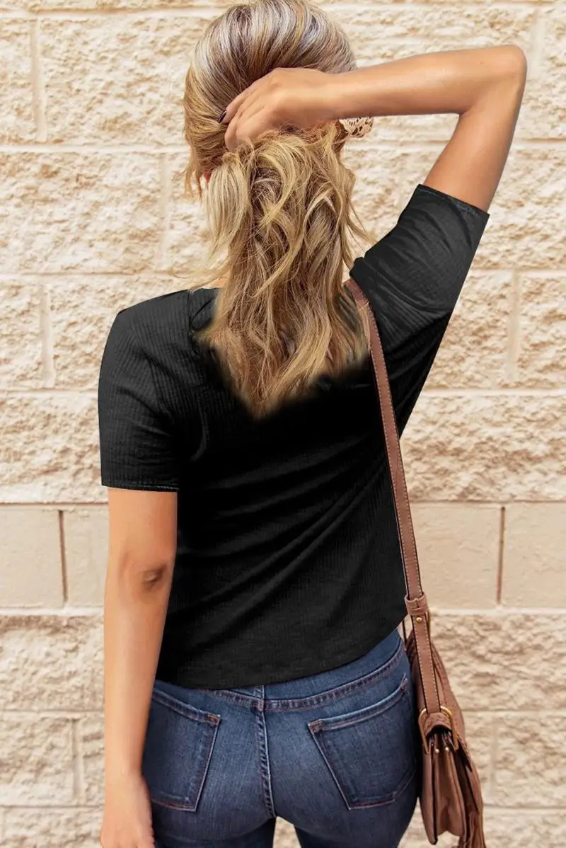 

2021 Summer New Women T-Shirt Elegant Button Solid Color Female Short Sleeve T-Shirt Casual Slim Fit Ladies Pullover T-Shirt