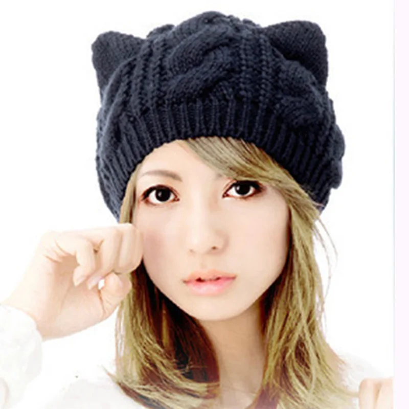 

Fashion Women Knitted Wool Hat Cap Lady Girls Cat Ears Gorros Beret Beanie Touca Bonnet Crochet Braided Ski Winter Warm Hats 04#